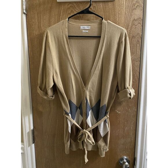 Vintage Van Heusen Tan Button Up Cardigan Waist Tie Gray/White/Brown Argyle Sz L - Picture 2 of 16